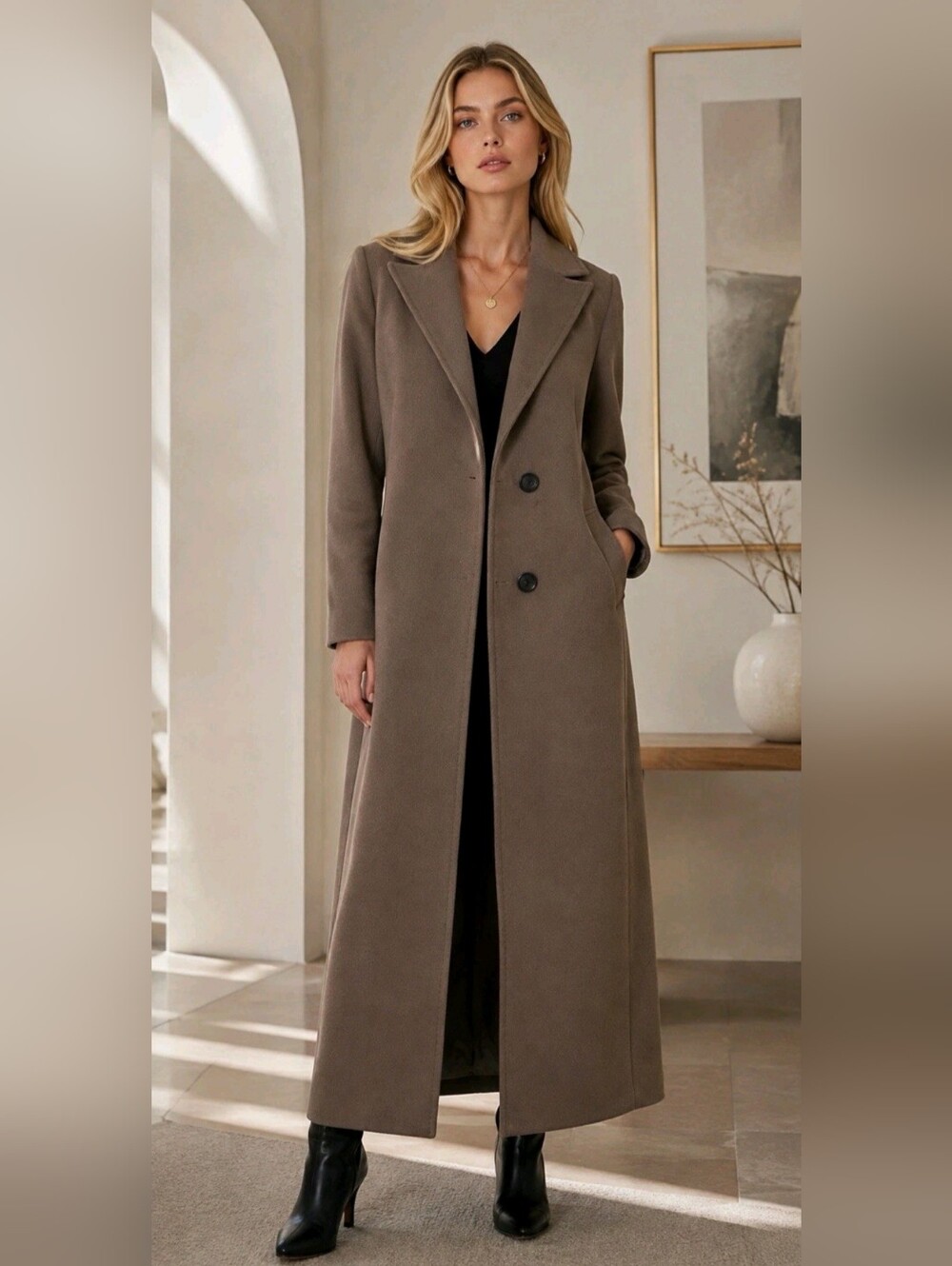 Luxury Italian Cinzia Rocca Icons Long Taupe-Brown Wool Cashmere Coat NWT US 4